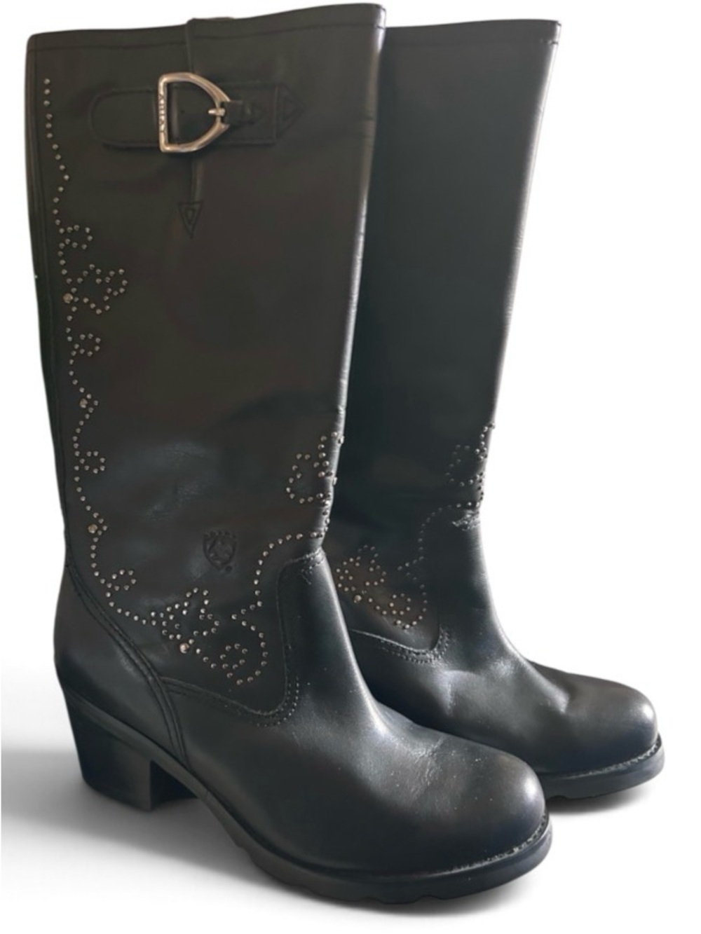 Ariat Silver Metallic Stud Grunge Western 8 Black Leather Moto Boot Indie Sleaze